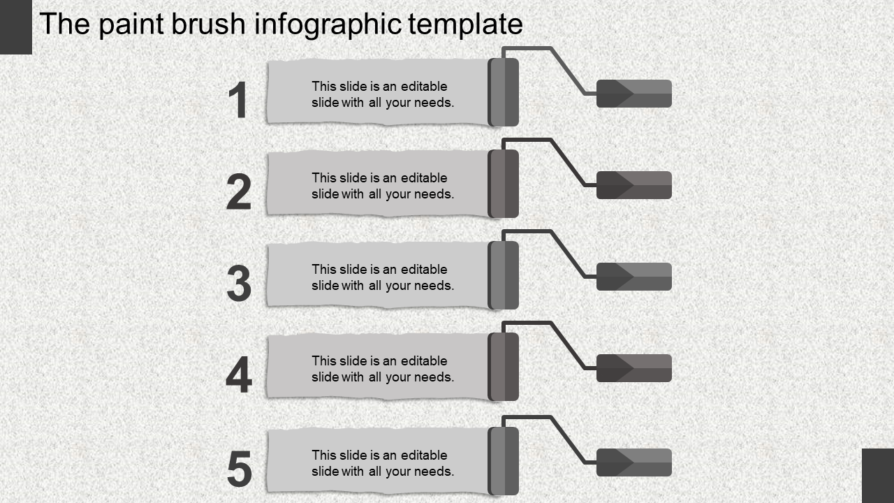 Gray infographic with five paintbrush icons linked to rectangular text boxes, arranged vertically on a textured background.