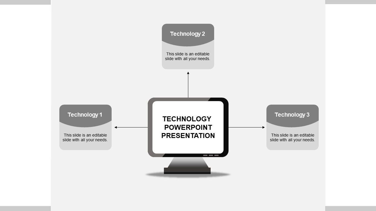 Three tech themed gray boxes linked to a central screen in a technology presentation design placed in a white background.