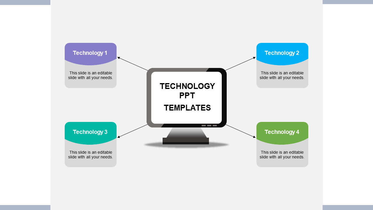Four tech themed boxes linked to a central screen in a technology presentation design placed with caption areas.