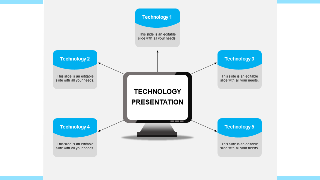 Blue technology labels linked to a central computer screen layout placed in white background.