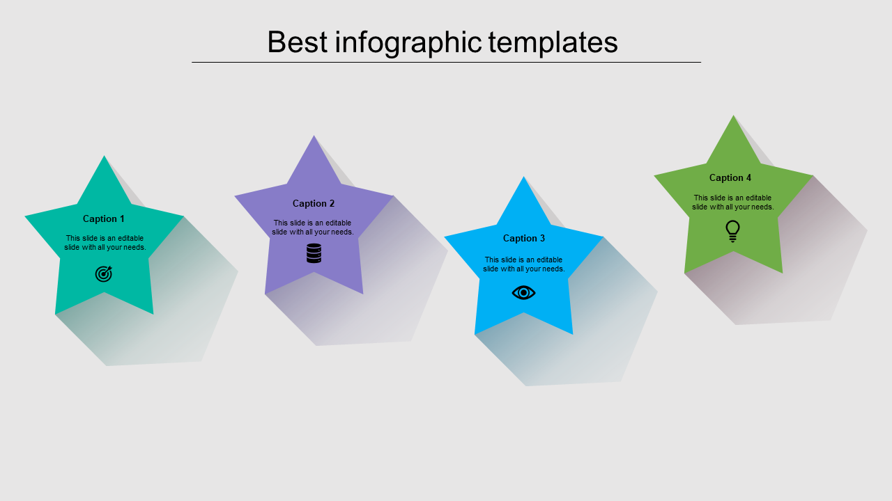 Infographic PowerPoint slide showing four colorful star shapes, each with a unique icon and caption with placeholder text.