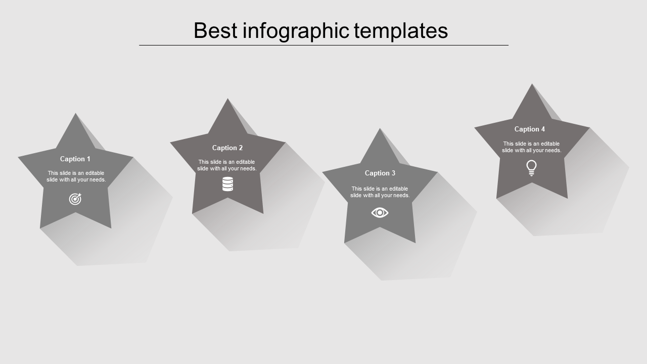 Gray star shaped infographic layout with four sections, each labeled with a caption, icons, and text placeholders.