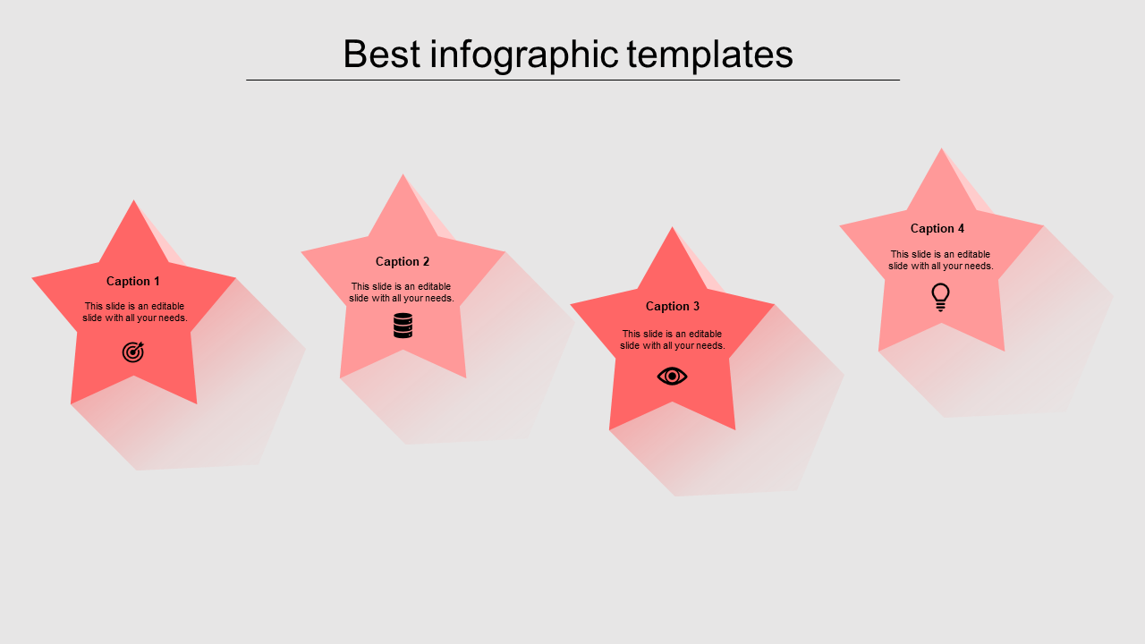 Red star shaped infographic with four sections labeled Caption 1 to 4, each with relevant icons and shadow effects.