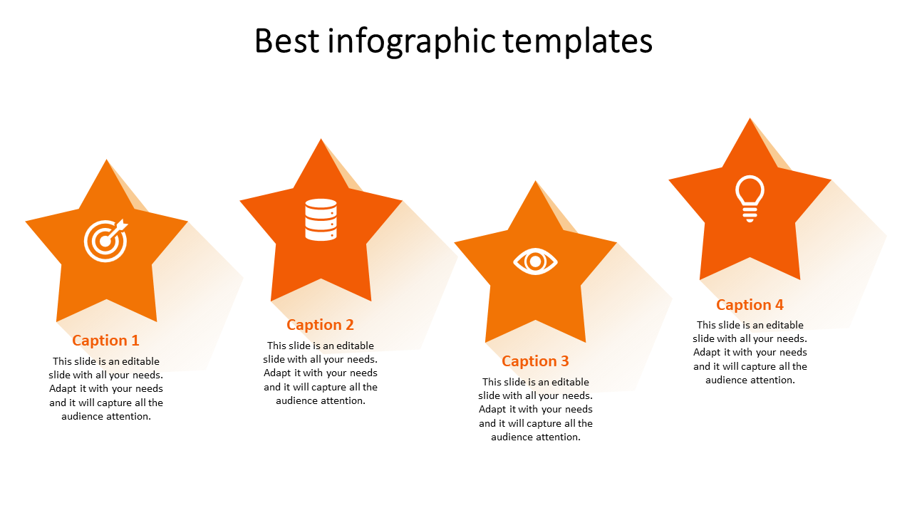 Four orange star shaped icons with captions, representing four concepts in a modern PPT infographic slide.