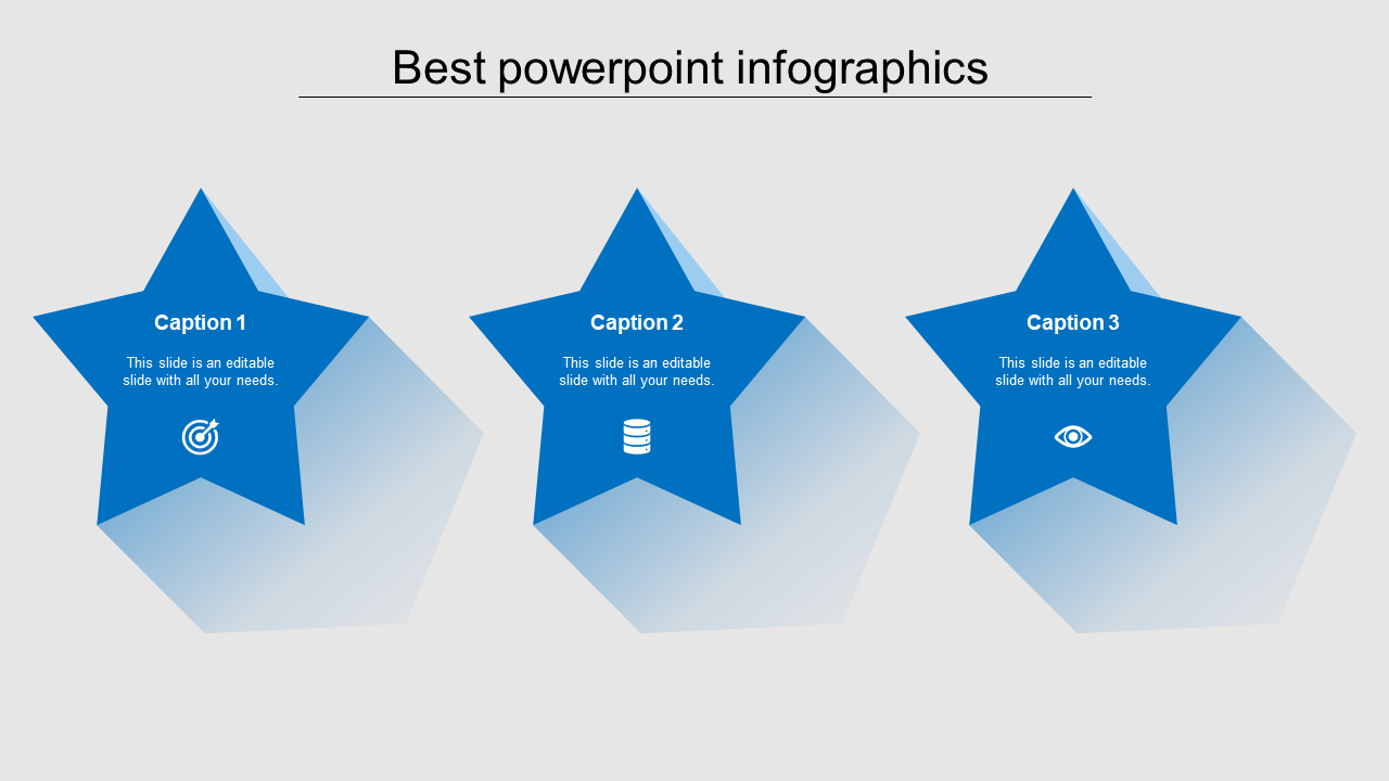 Three blue star shaped sections with captions and icons on a light gray background for infographic presentation.