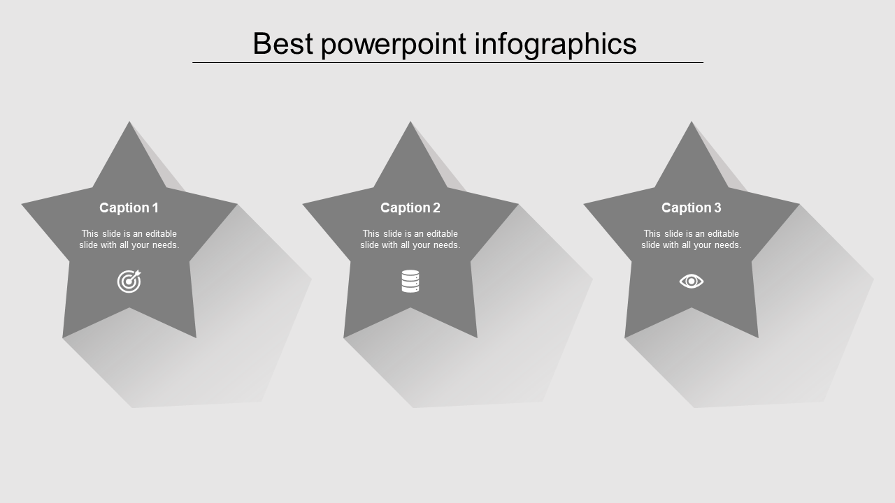 Gray star shaped infographic with three sections labeled Caption 1, Caption 2, and Caption 3 placed in a white background.