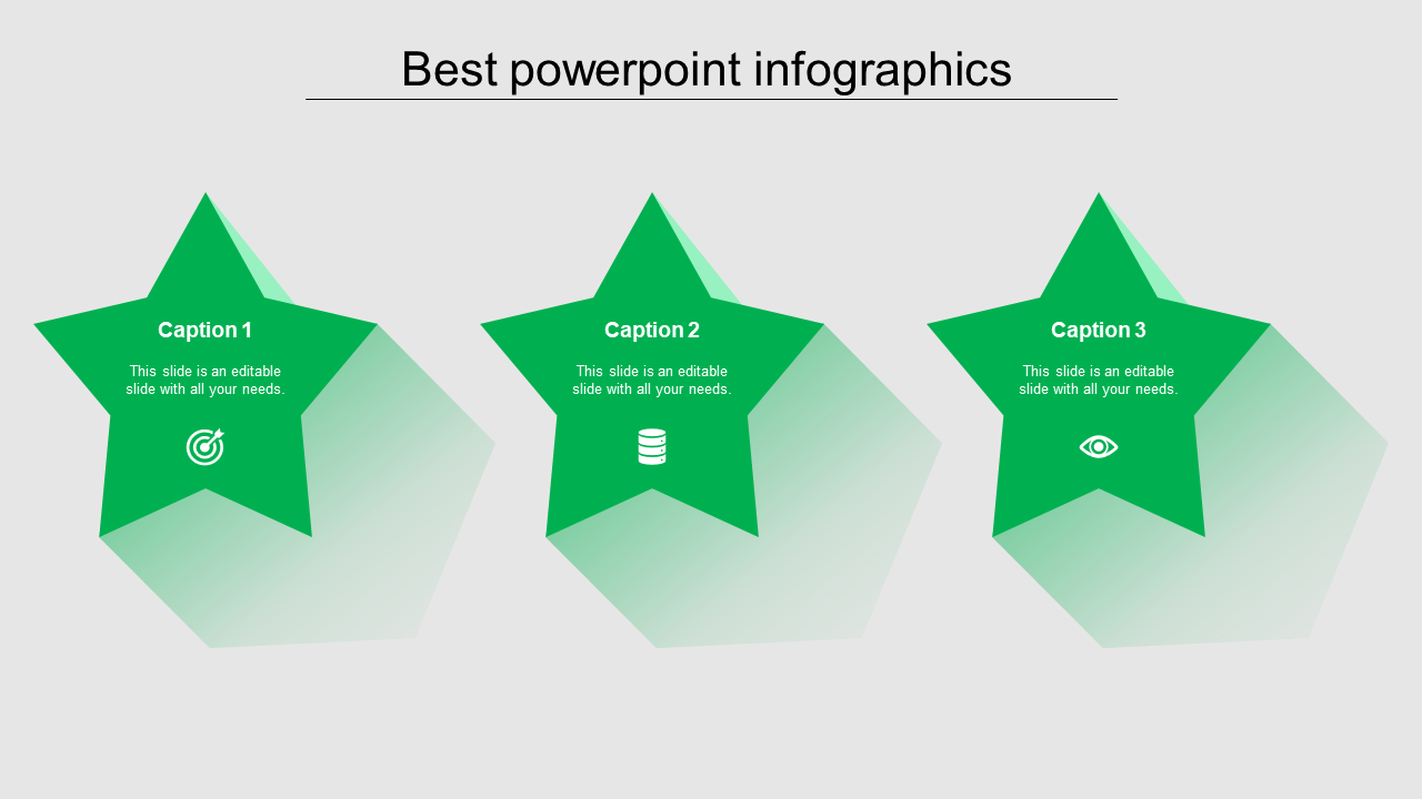 Green star shaped infographic with three sections labeled Caption 1, Caption 2, and Caption 3 placed in white background.