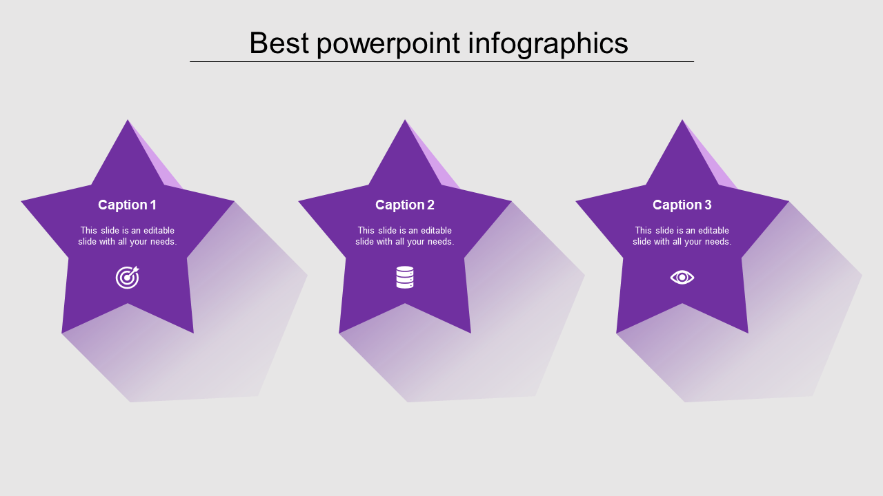 Infographic PowerPoint slide featuring three purple star shapes with unique icons and captions.