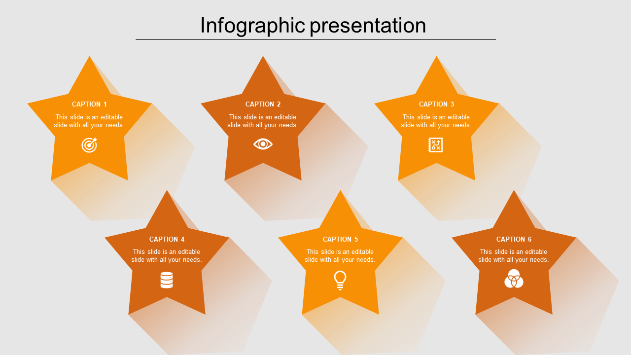Orange star icons with white symbols and captions, aligned in two rows for infographic presentation.
