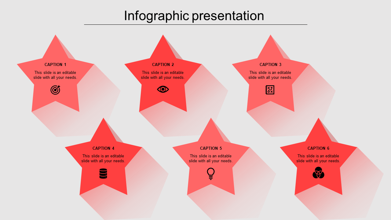 Infographic slide with six red star shaped icons, caption areas and black symbols arranged in two rows.