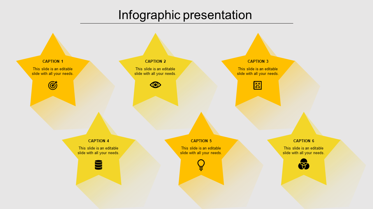 Infographic slide with six yellow star shaped icons, caption areas and black symbols arranged in two rows.