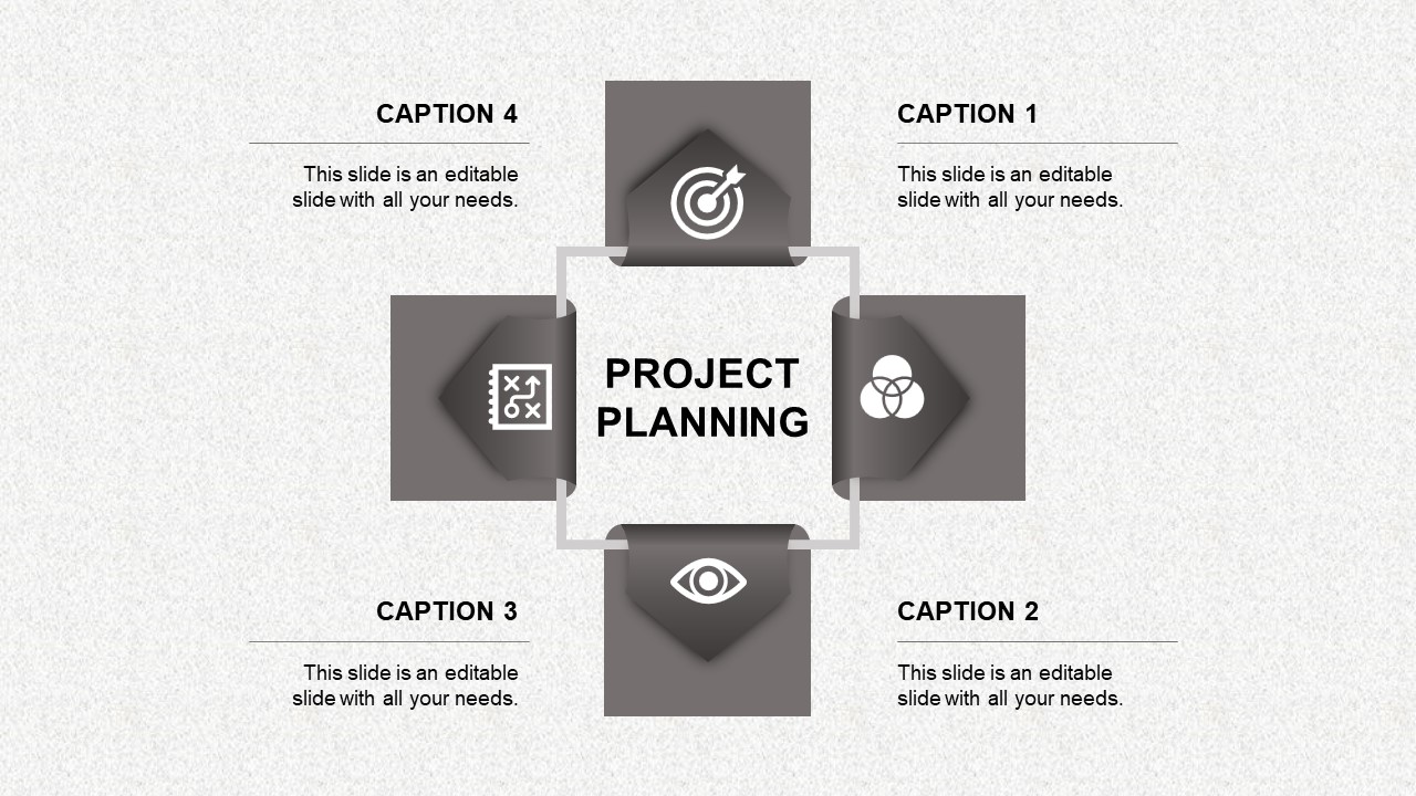 Four gray blocks with icons and captions forming a square layout for project planning on a textured background.