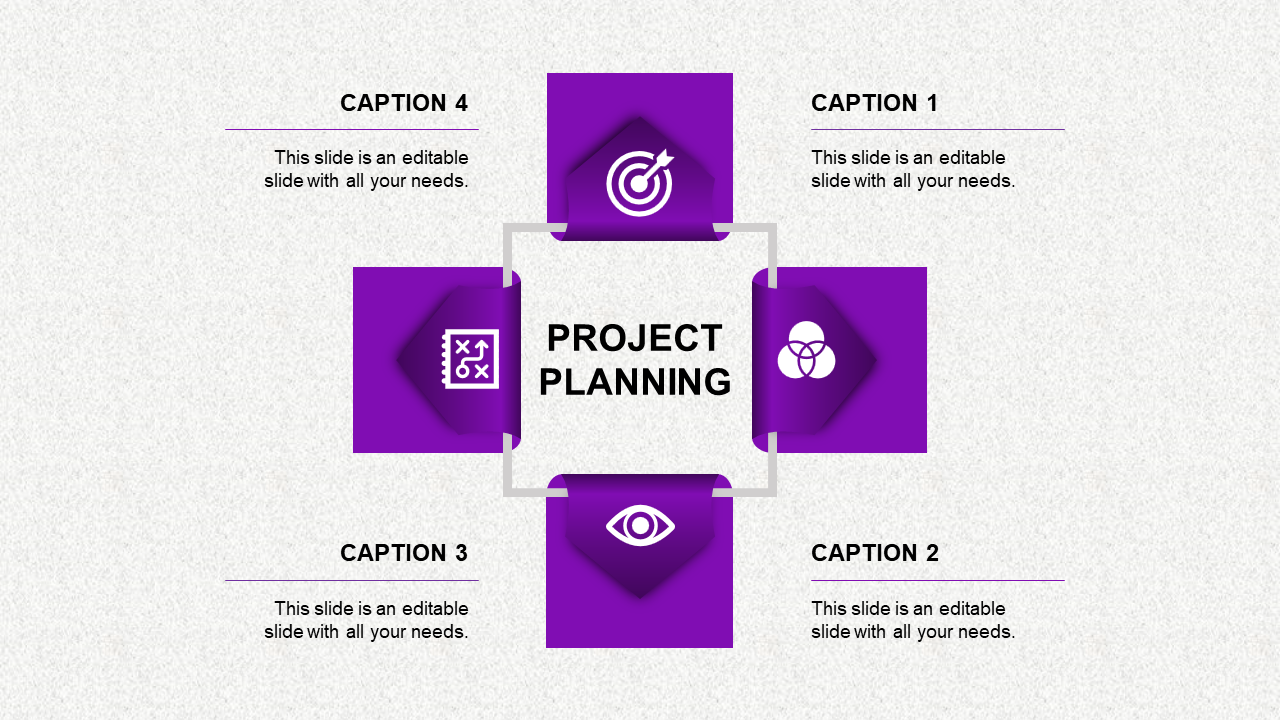 Project planning infographic with four purple square icons and placeholder text areas arranged around a central box.