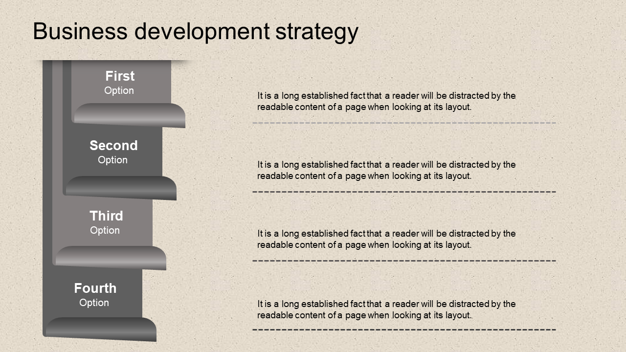Business development strategy PPT slide with four grey options displayed as steps, each with a descriptive caption.