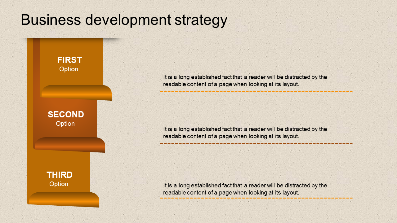Three step layout in orange tones, featuring text boxes and layered shelves resembling staircase steps.
