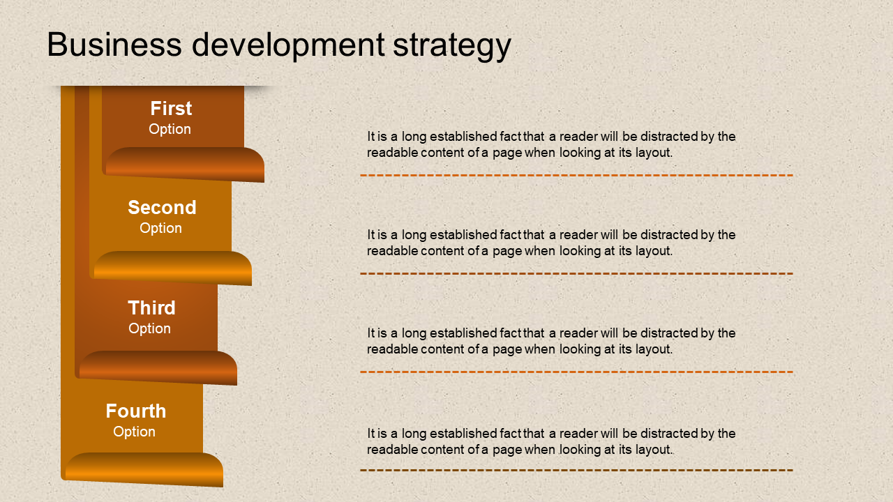 Orange step infographic with First to Fourth  caption areas aligned vertically for business strategy.