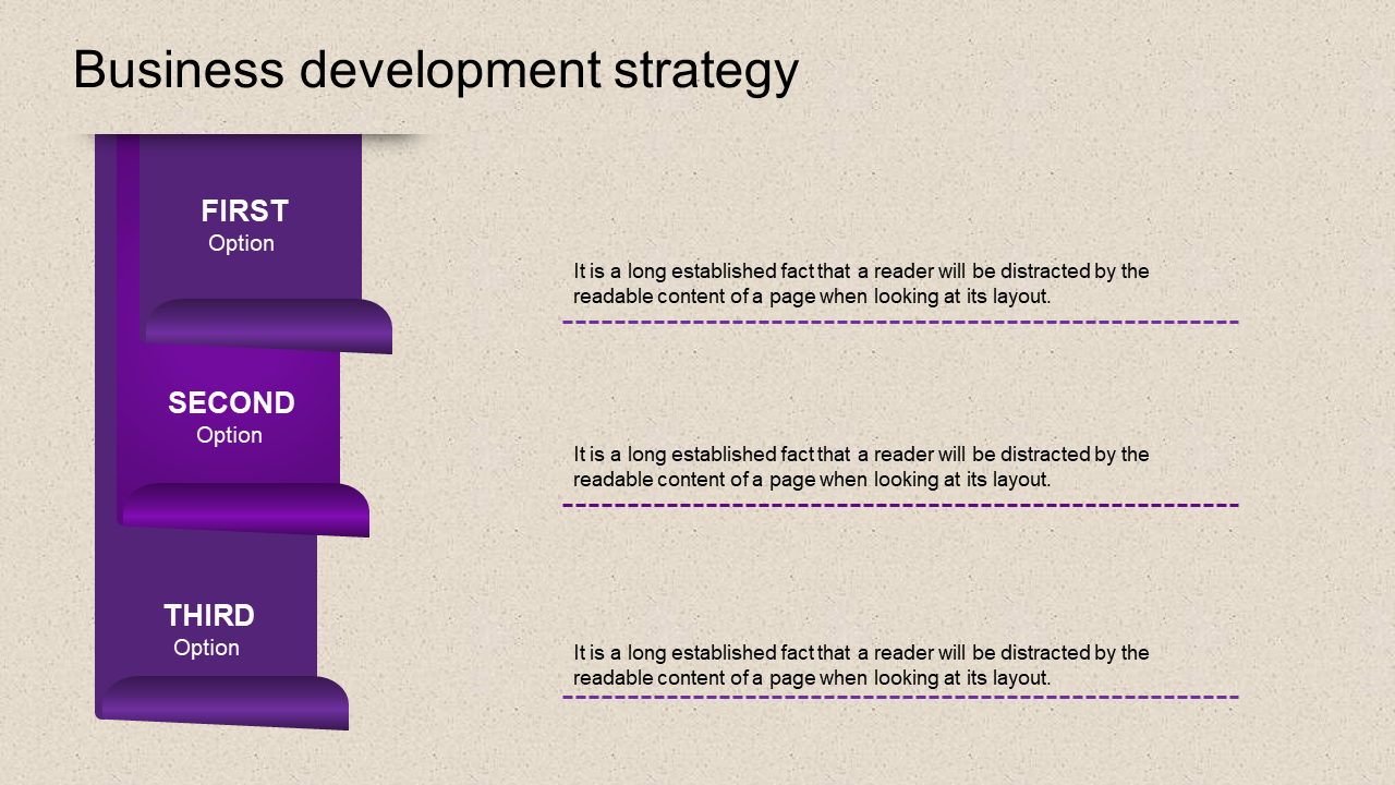 Vertical purple ribbon with three sections labeled for options and corresponding text boxes aligned to the right.