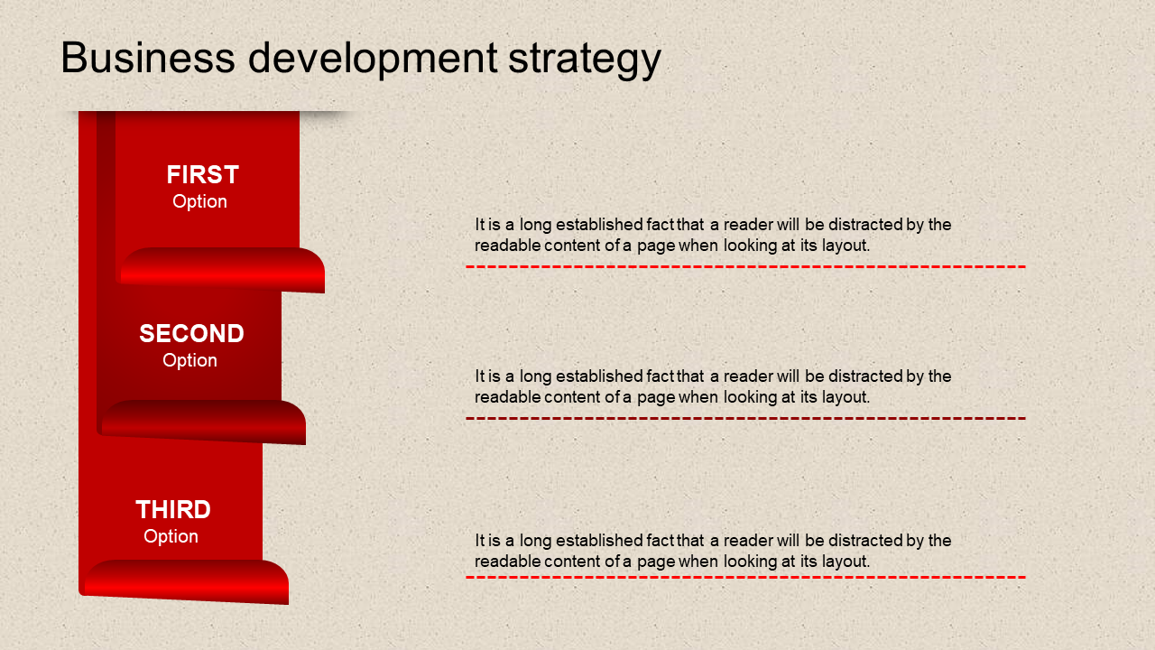Red curled steps aligned vertically with dashed lines connecting strategy descriptions on a textured background.