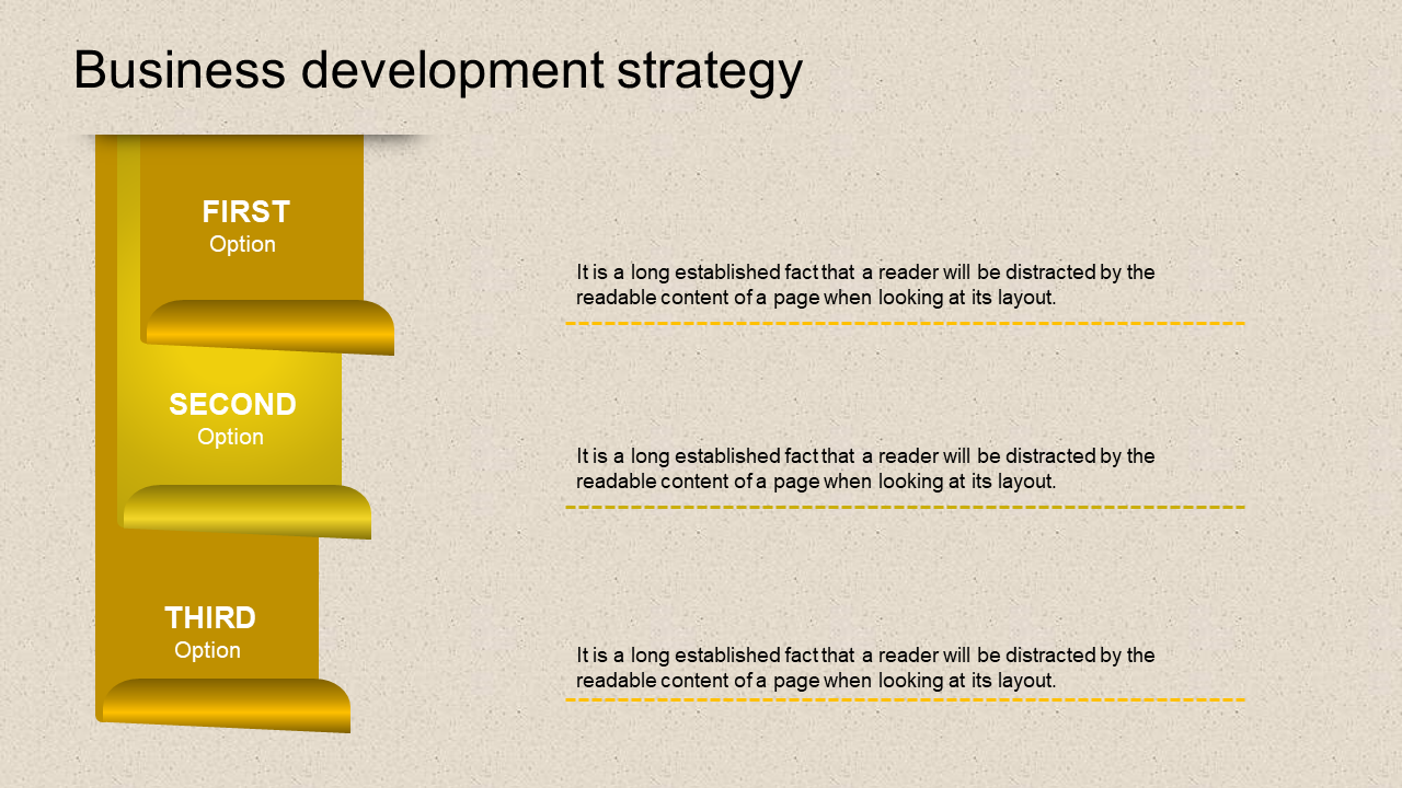 Business development strategy slide featuring a yellow vertical list with first, second, and third options with descriptions.