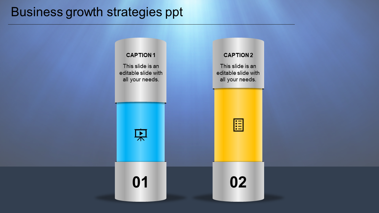 Two cylindrical business growth pillars in blue and yellow, with metallic tops, labeled 01 and 02.