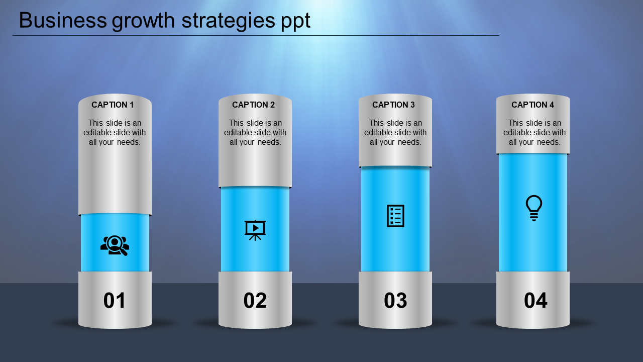Business growth strategies PPT slide with four blue and grey sections with icons and captions.