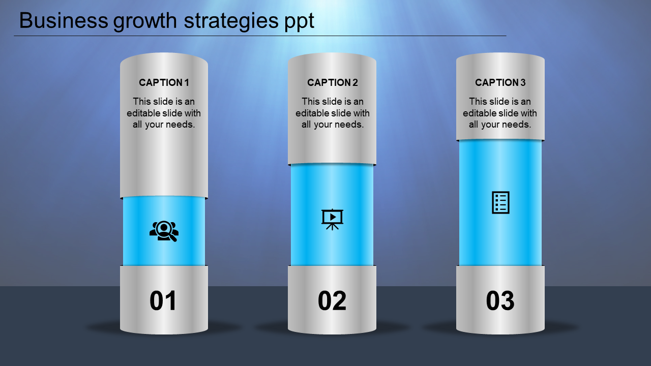 Business growth graphic with three vertical blue cylinders numbered 01 to 03, featuring icons and captions.