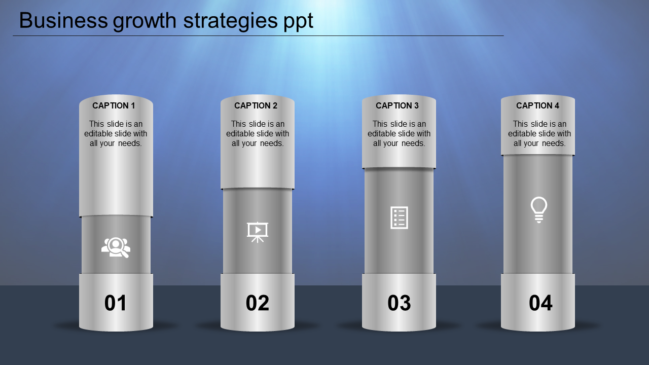 Business growth strategies PowerPoint template with four sections with grey icons and captions.