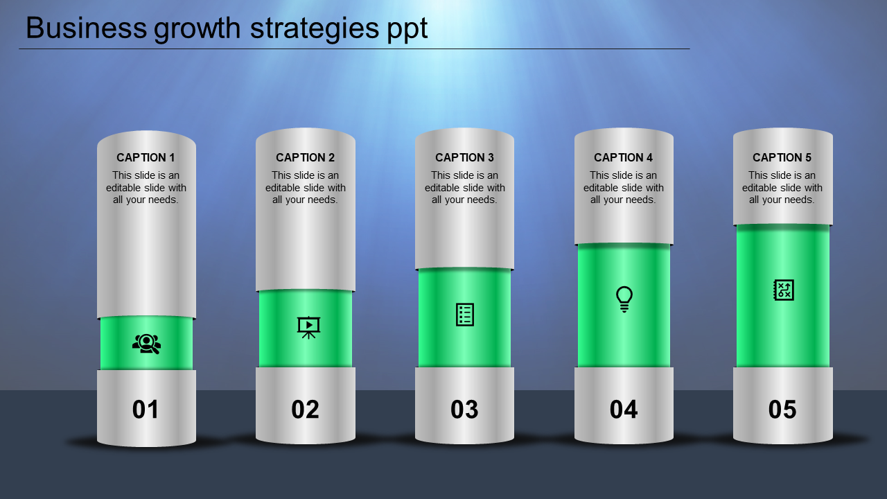 Business growth strategies PowerPoint slide featuring five vertical cylinders with green icons and captions.