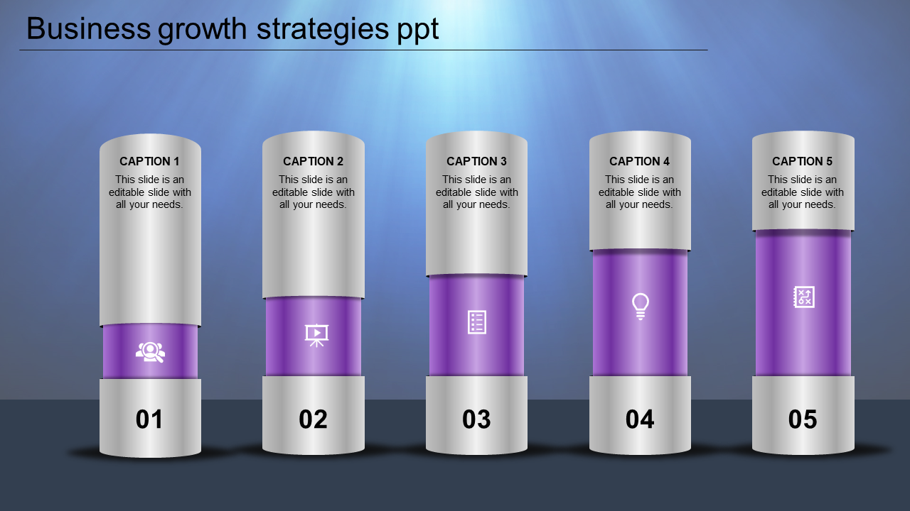 Business growth strategies PowerPoint slide featuring five vertical cylinders with purple icons and captions.