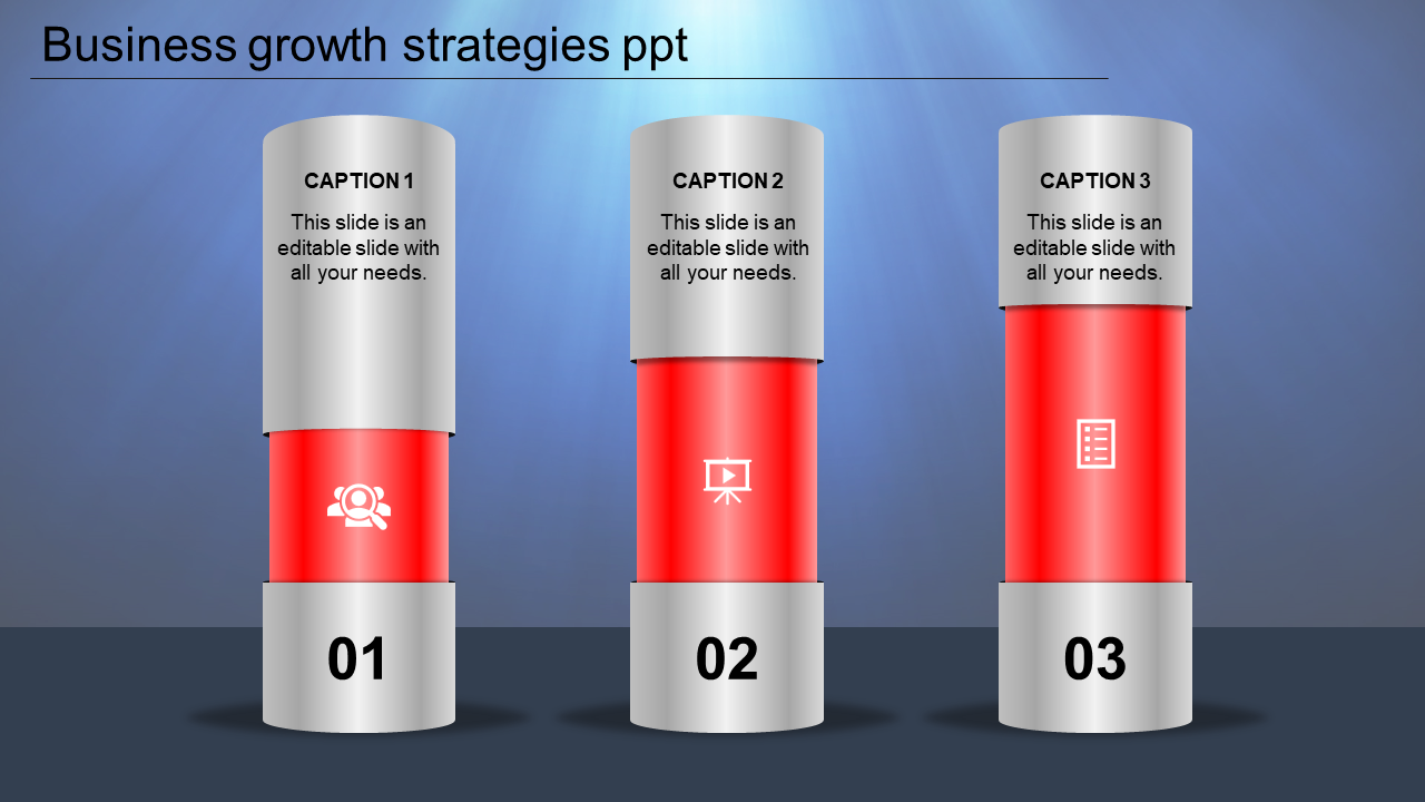 Three cylindrical shapes with silver tops and red centers display numbered steps with icons and descriptions.