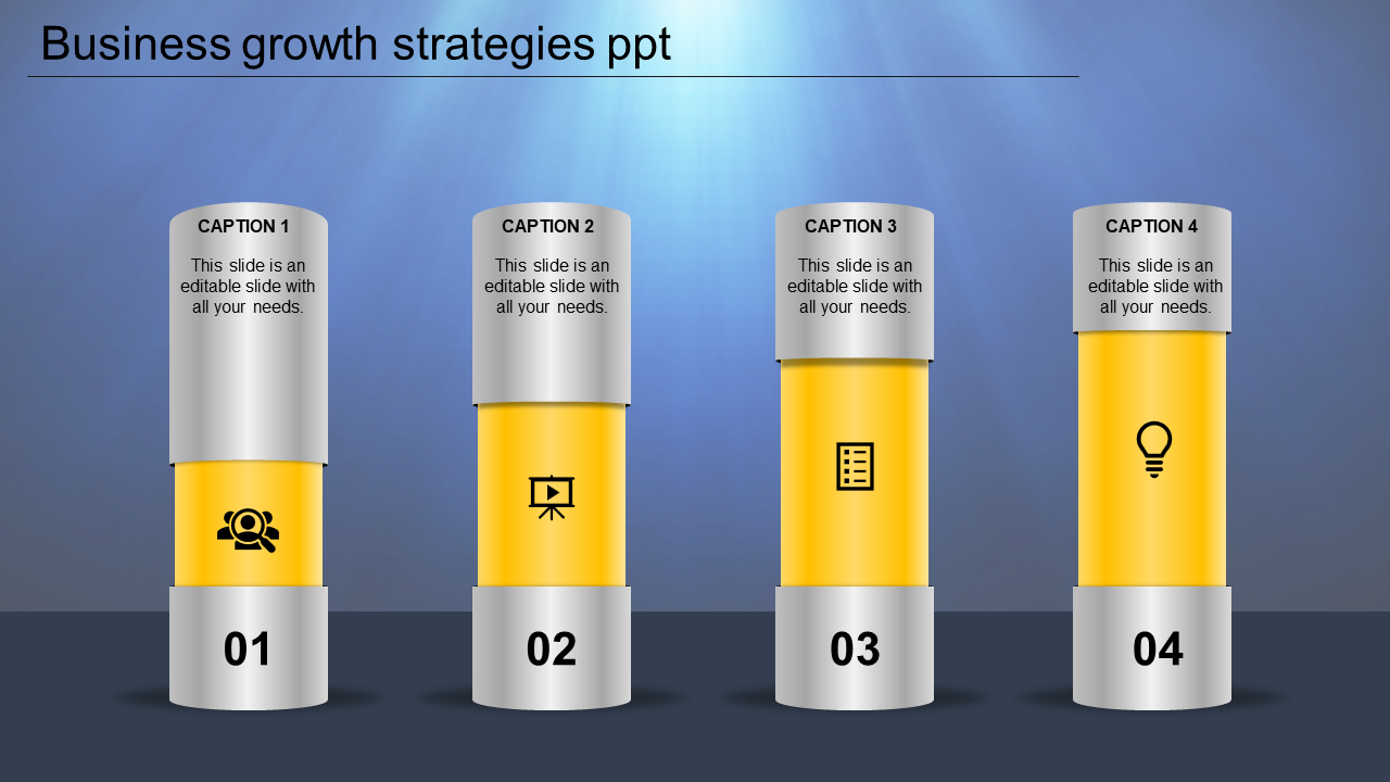 Four step business growth layout with yellow pillars, numbered bases, icons, and silver captions on top.