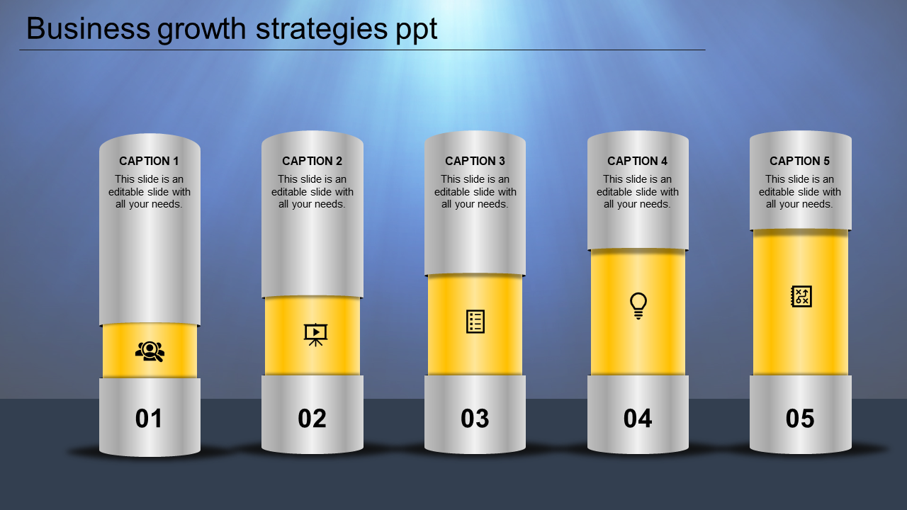 Five vertical metallic and yellow gradient pillars with icons, captions, and numbers, set against a blue background.