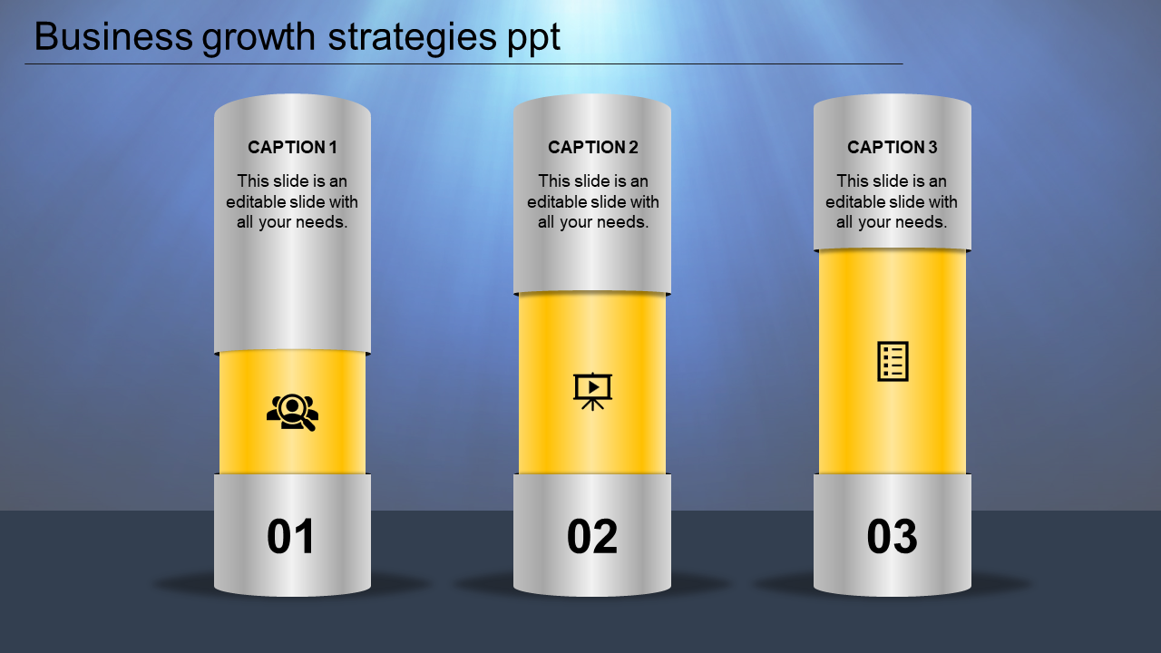 Business growth strategies shown as three yellow pillars with numbers, icons, and captions on a blue illuminated background.