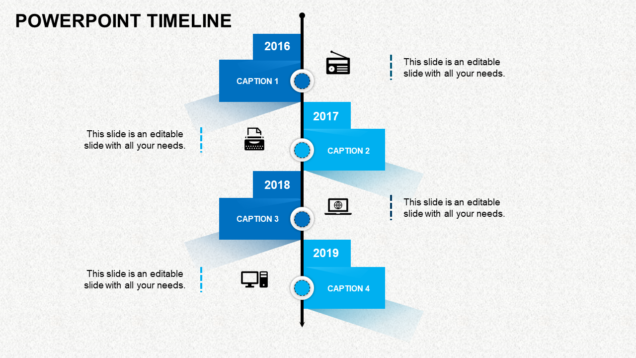 Blue staggered timeline from 2016 to 2019 with icons for communication and technology placed in a white backdrop.