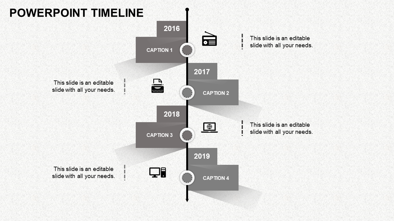 Gray staggered timeline from 2016 to 2019 with icons for communication and technology placed with caption areas.