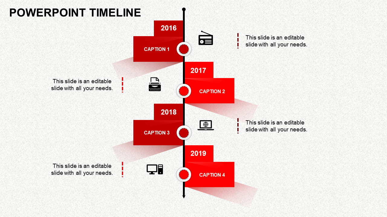 Timeline slide with four staggered red blocks, featuring icons and a black vertical connector, labeled 2016 to 2019.