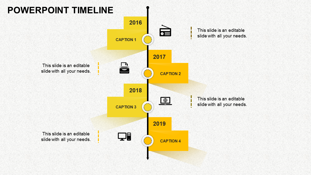 Four step timeline with yellow gradient boxes, black icons, and a vertical black line with circular nodes.