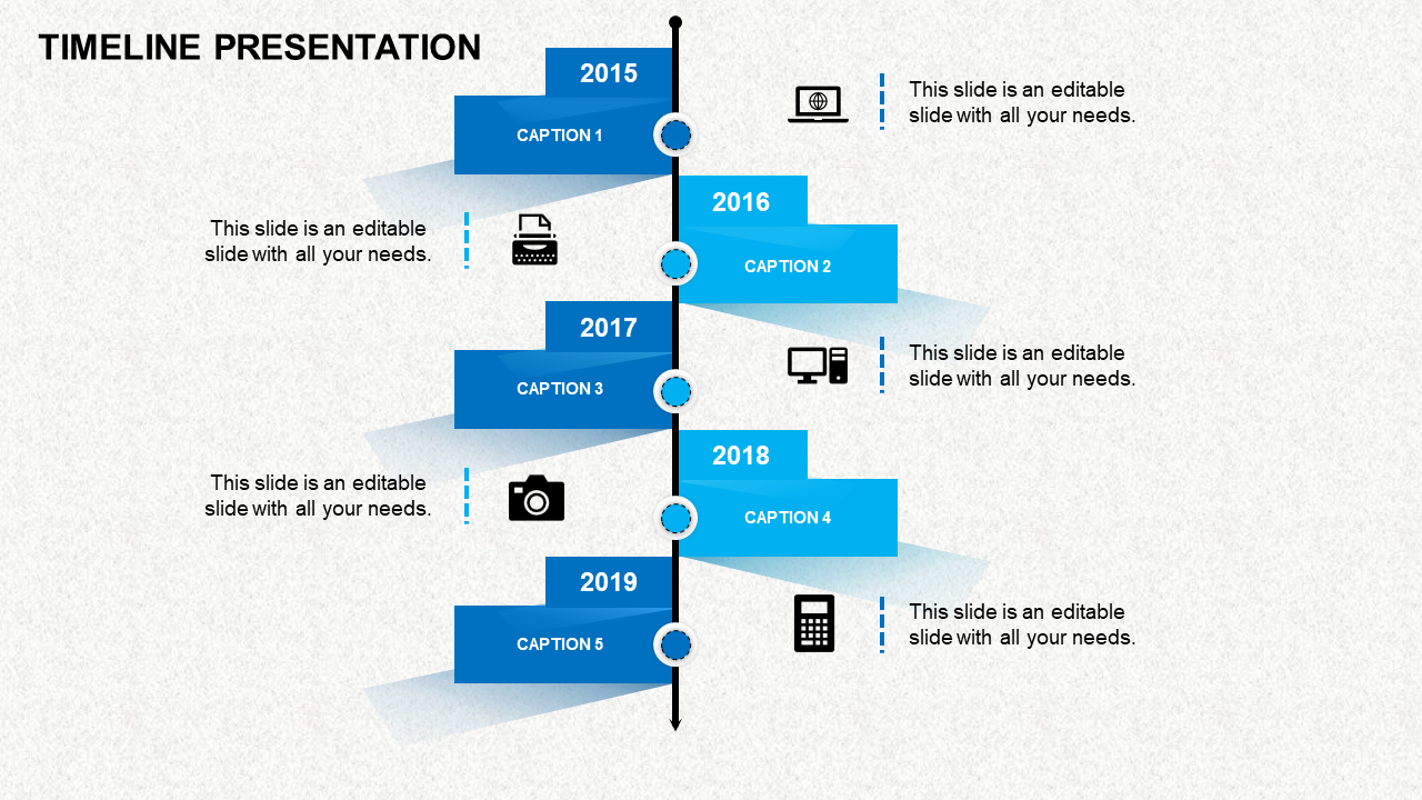 Blue timeline PPT slide with milestones from 2015 to 2019, each featuring icons and placeholder text.