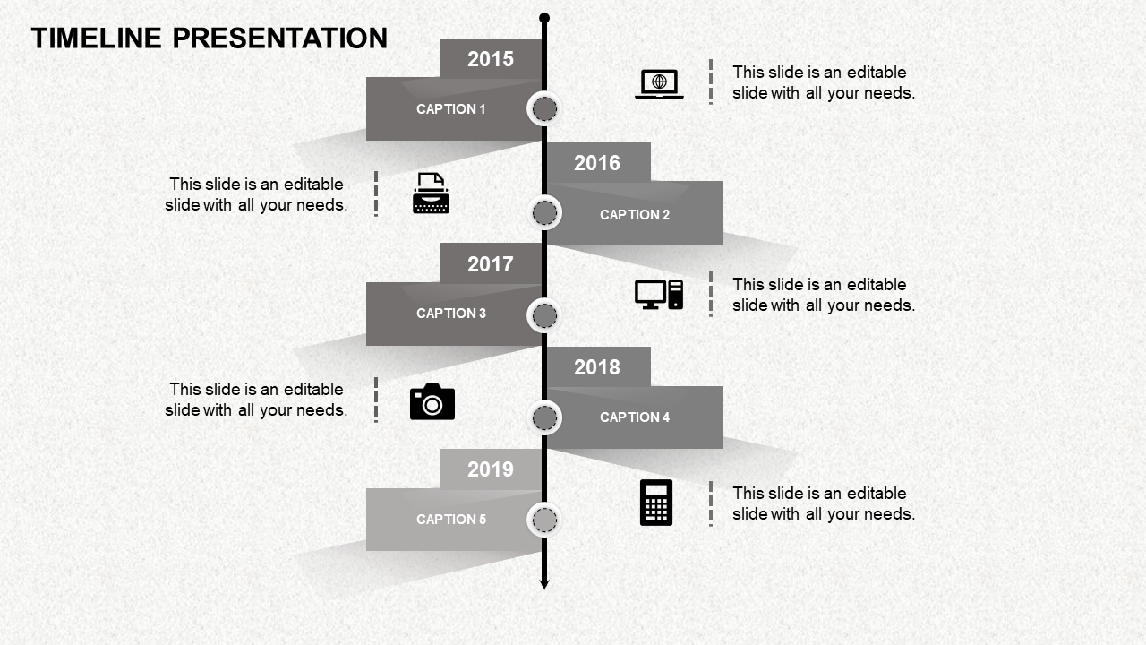 Timeline PowerPoint template in grayscale with milestones for 2015 to 2019, each with a corresponding icon and captions.