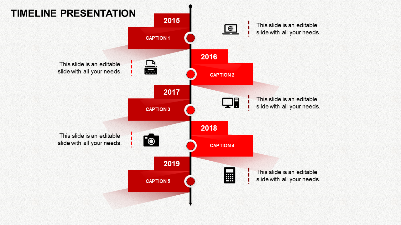 Red horizontal blocks on a vertical timeline marking years with caption areas 2015 to 2019 with icons beside each.