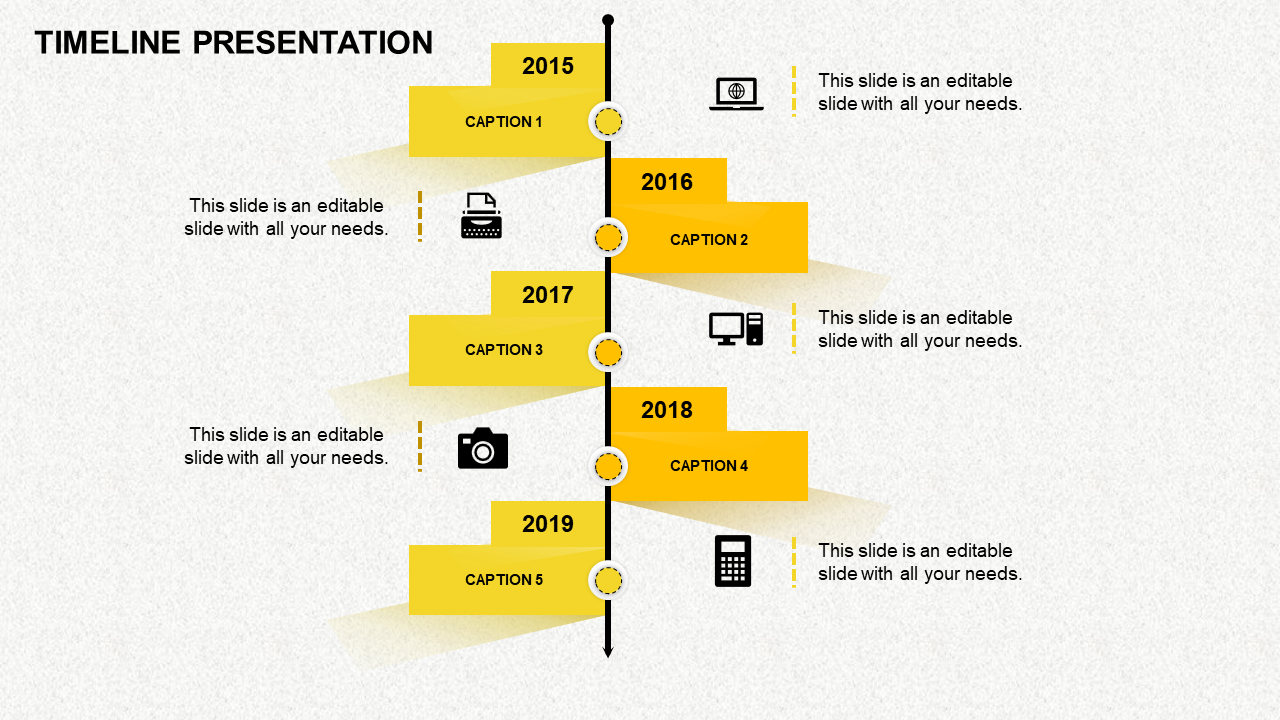 Yellow horizontal blocks on a vertical timeline marking years 2015 to 2019 with icons and caption areas beside each.