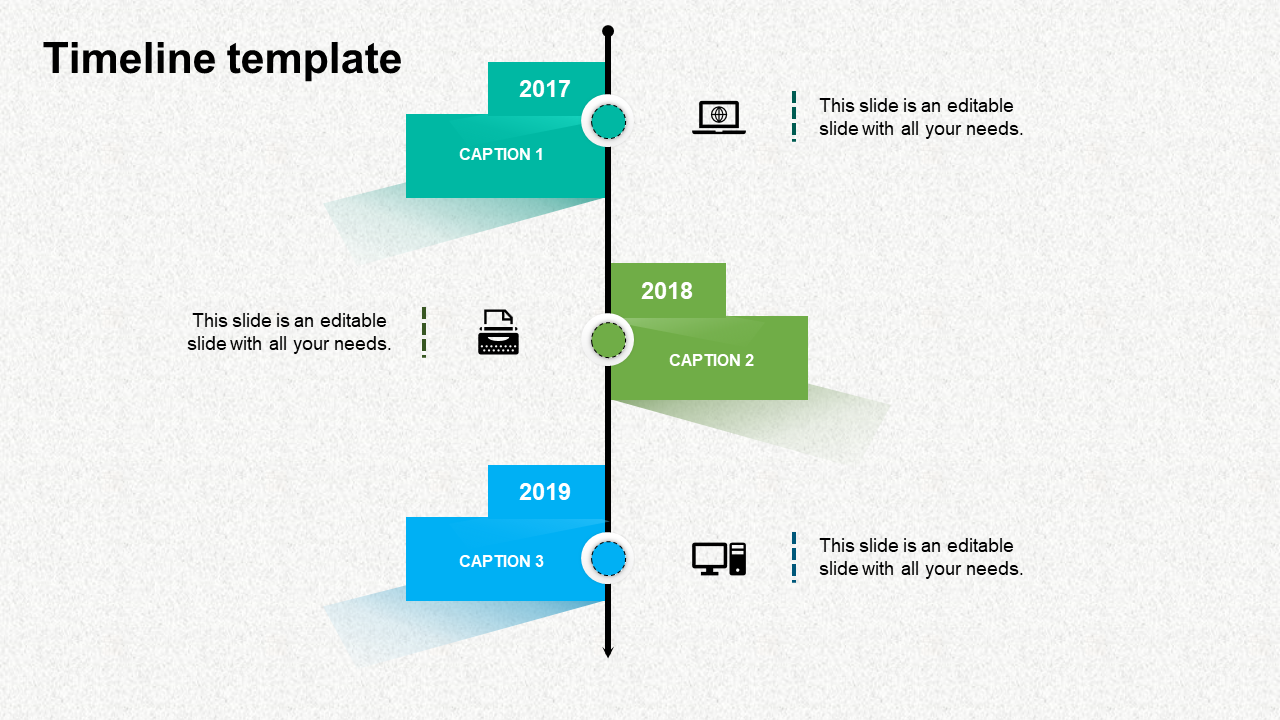 Blue and green staggered timeline with icons and caption areas boxes for each year from 2017 to 2019.