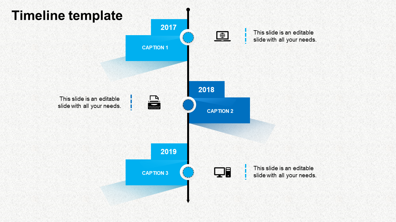 Three step blue timeline with labeled milestones, black connectors, and icons on a light textured background.