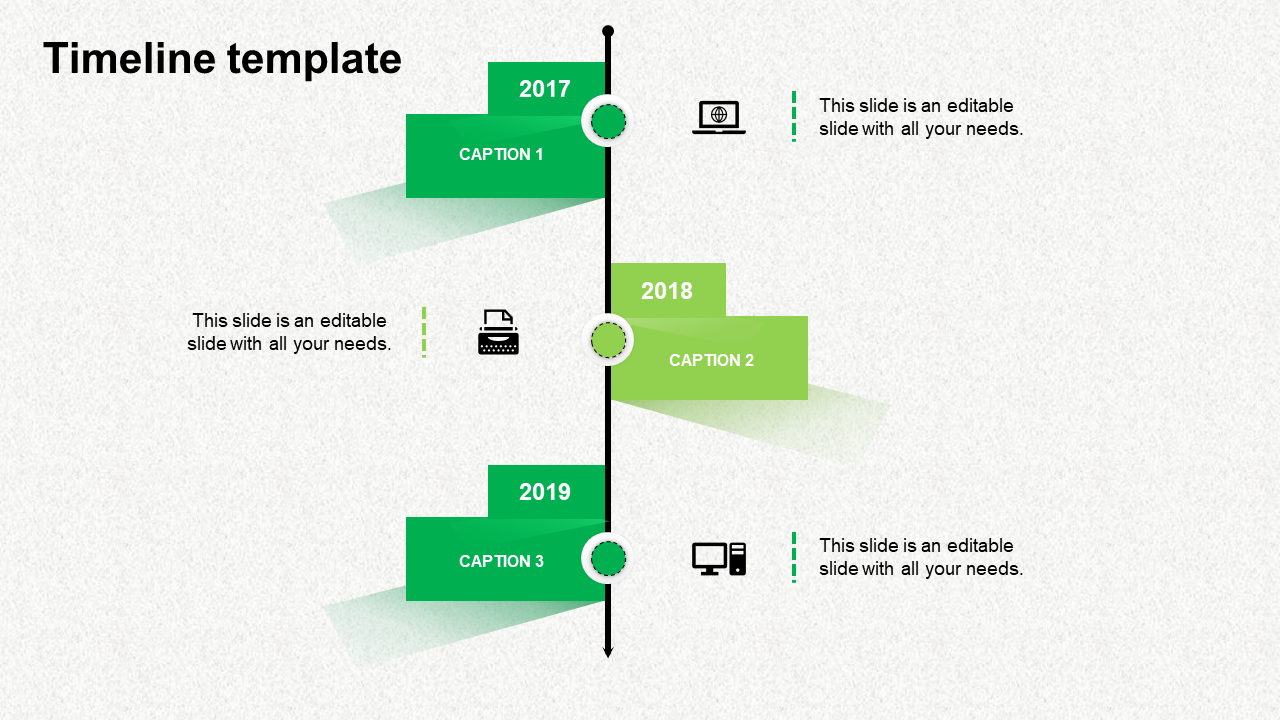Vertical timeline from 2017 to 2019 with alternating blue and green boxes and circular connectors.