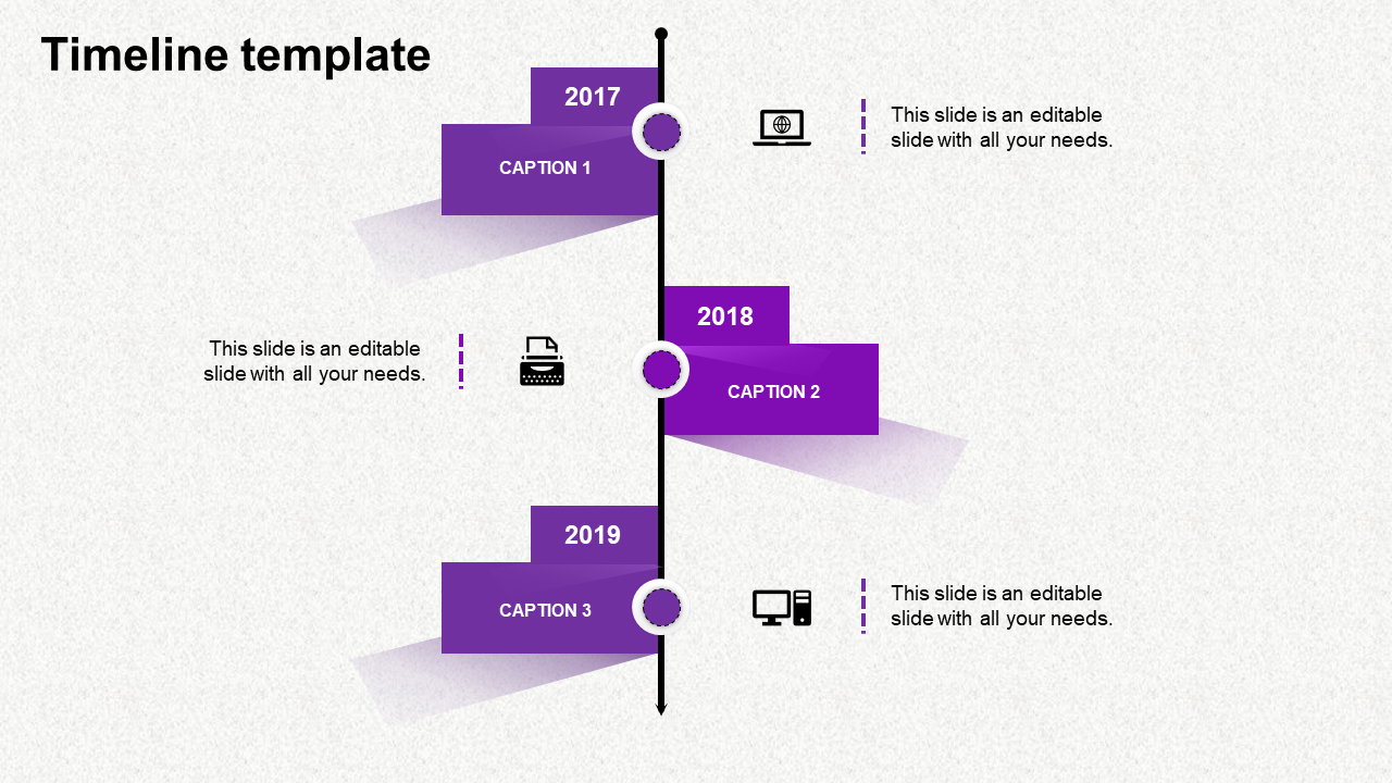 Purple timeline with three milestones labeled 2017, 2018, and 2019 linked by circular connectors.