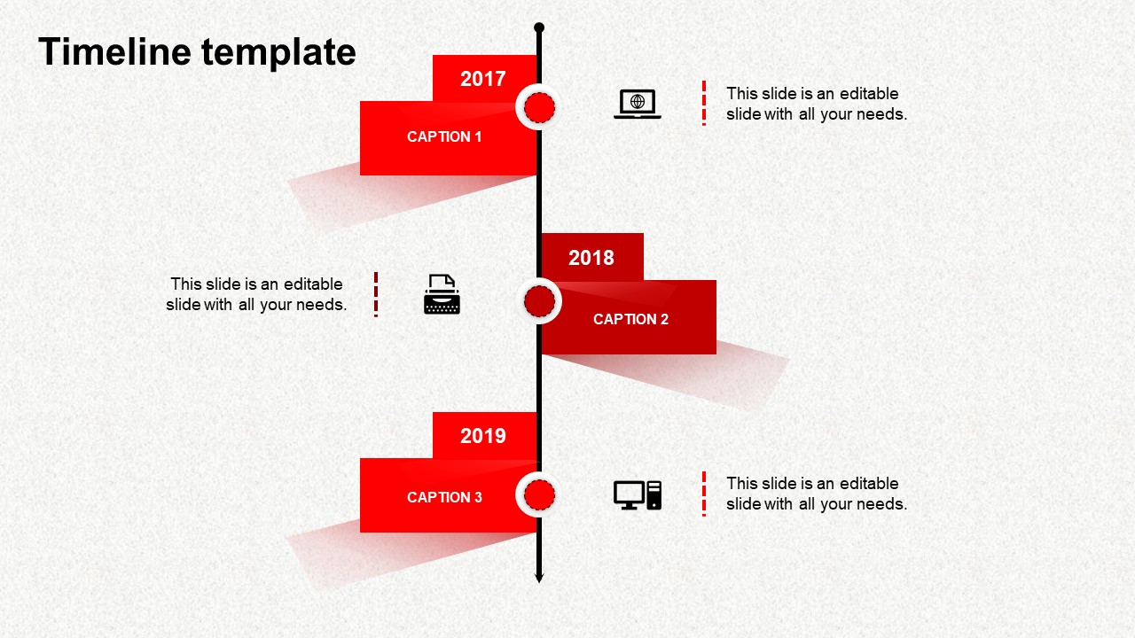 Timeline PowerPoint template with red milestones for 2017 to 2019, featuring icons like a laptop, typewriter, and computer.
