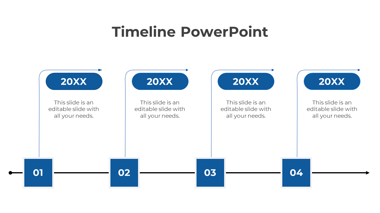 Blue horizontal timeline showing numbered squares and caption areas connected to rounded year labels '20XX'.