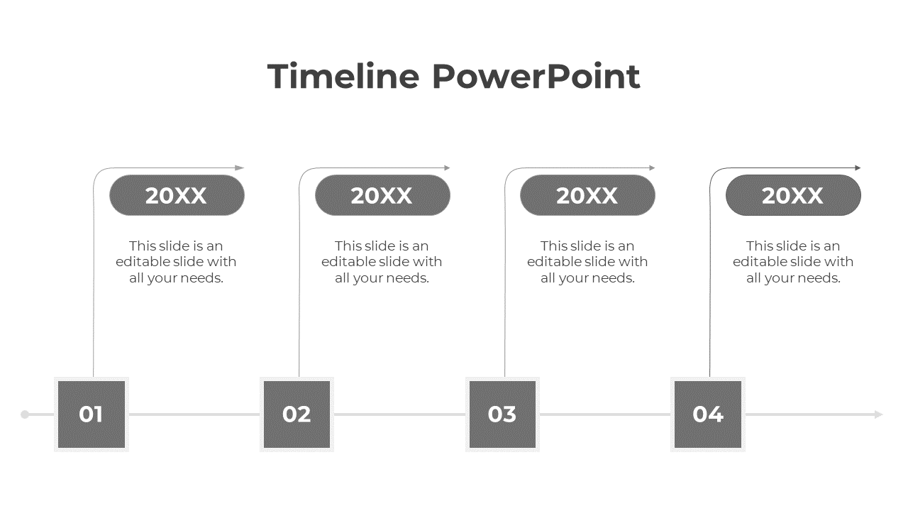 Gray horizontal timeline with numbered boxes and caption areas connected to curved arrow labels marked '20XX'.