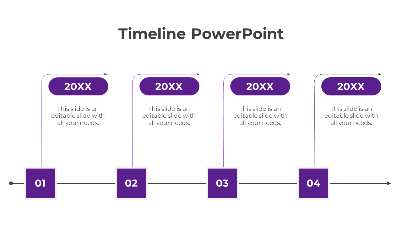 Timeline PPT slide with four milestones, each marked by a purple square and labeled 20XX, with arrows indicating progression.