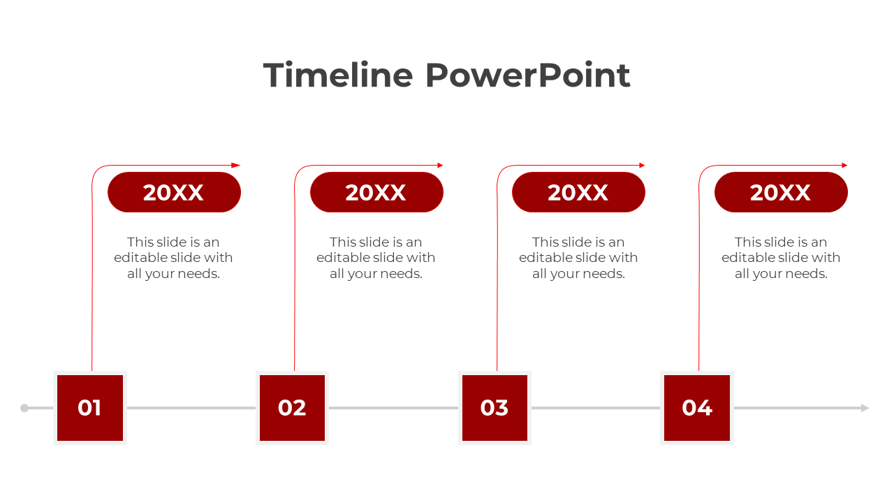 Four step modern timeline design with red gradient elements, numbered boxes, and curved arrow connectors.